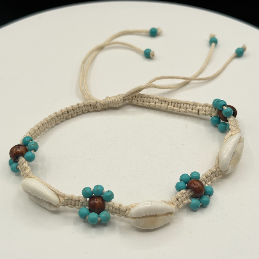 Boho Cowrie Shell Bracelet Turquoise Beads Macrame Adjustable Beach Surfer Gift